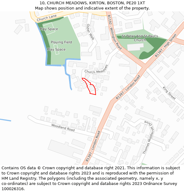 10, CHURCH MEADOWS, KIRTON, BOSTON, PE20 1XT: Location map and indicative extent of plot