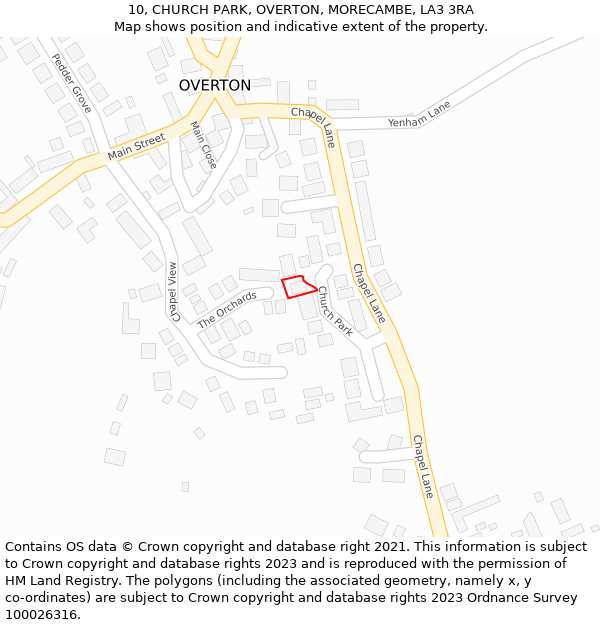 10, CHURCH PARK, OVERTON, MORECAMBE, LA3 3RA: Location map and indicative extent of plot