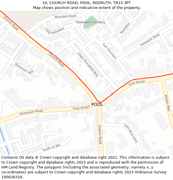 10, CHURCH ROAD, POOL, REDRUTH, TR15 3PT: Location map and indicative extent of plot