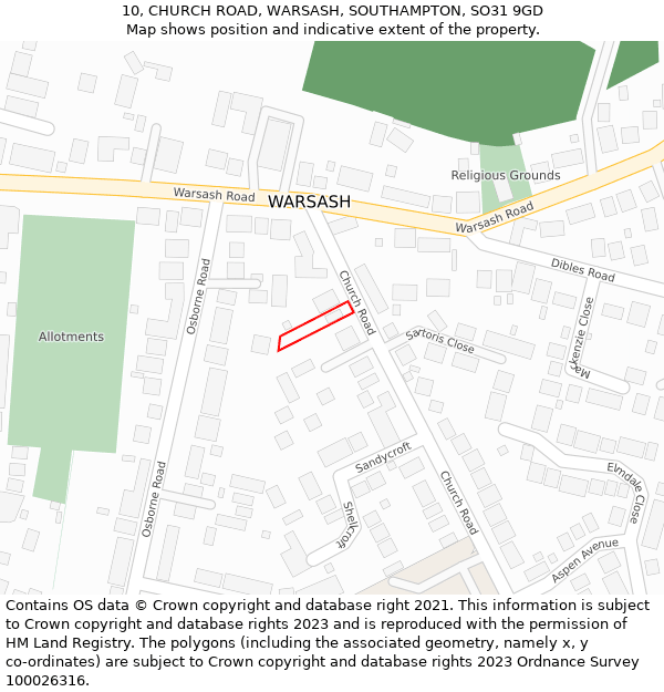 10, CHURCH ROAD, WARSASH, SOUTHAMPTON, SO31 9GD: Location map and indicative extent of plot