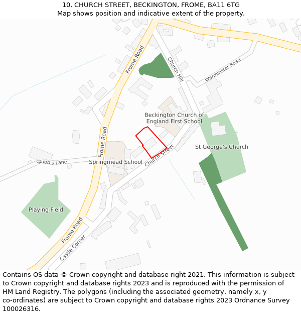 10, CHURCH STREET, BECKINGTON, FROME, BA11 6TG: Location map and indicative extent of plot