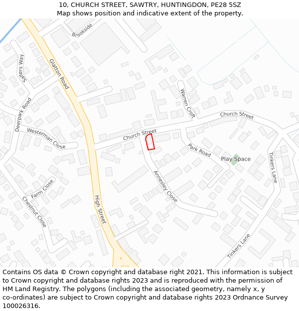 10, CHURCH STREET, SAWTRY, HUNTINGDON, PE28 5SZ: Location map and indicative extent of plot