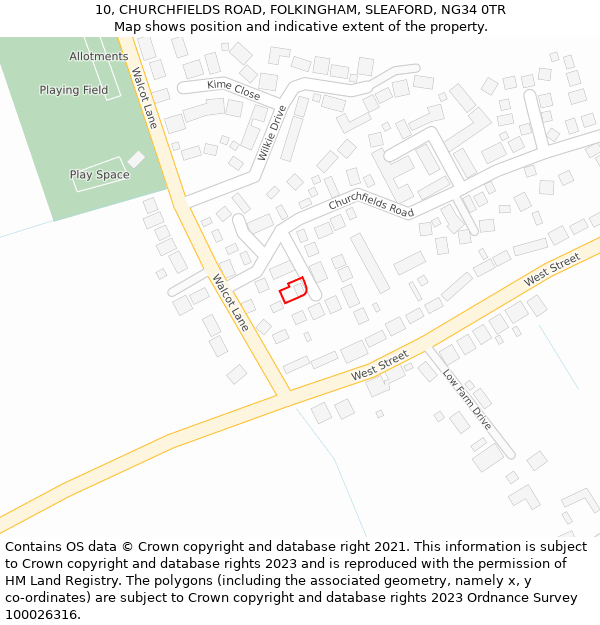 10, CHURCHFIELDS ROAD, FOLKINGHAM, SLEAFORD, NG34 0TR: Location map and indicative extent of plot