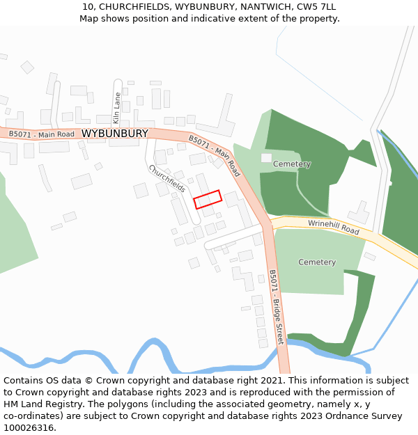 10, CHURCHFIELDS, WYBUNBURY, NANTWICH, CW5 7LL: Location map and indicative extent of plot