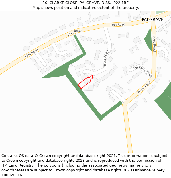 10, CLARKE CLOSE, PALGRAVE, DISS, IP22 1BE: Location map and indicative extent of plot