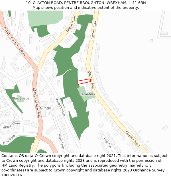 10, CLAYTON ROAD, PENTRE BROUGHTON, WREXHAM, LL11 6BN: Location map and indicative extent of plot