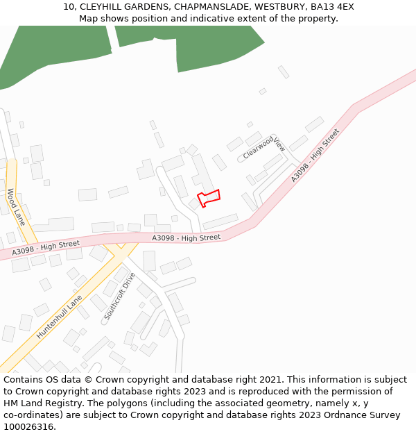 10, CLEYHILL GARDENS, CHAPMANSLADE, WESTBURY, BA13 4EX: Location map and indicative extent of plot