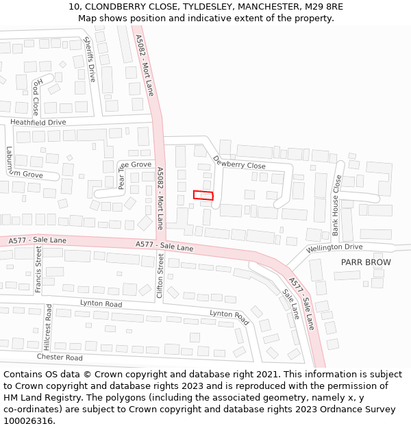 10, CLONDBERRY CLOSE, TYLDESLEY, MANCHESTER, M29 8RE: Location map and indicative extent of plot