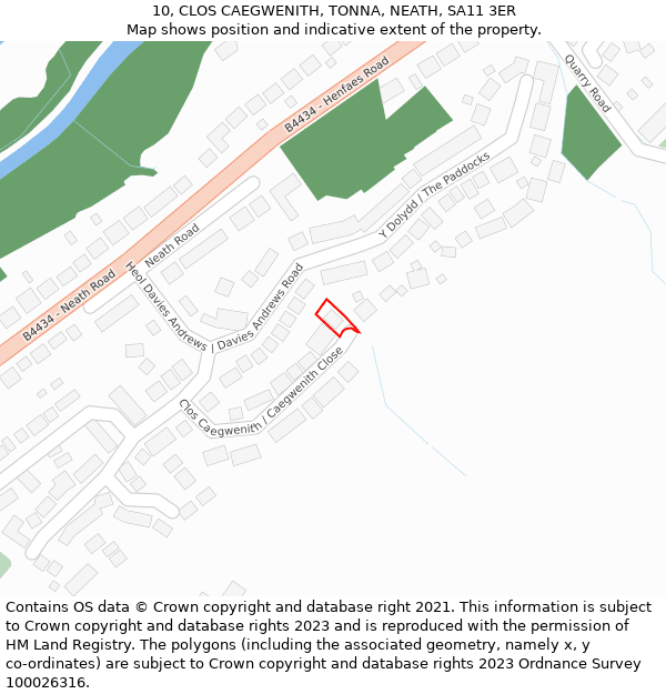 10, CLOS CAEGWENITH, TONNA, NEATH, SA11 3ER: Location map and indicative extent of plot