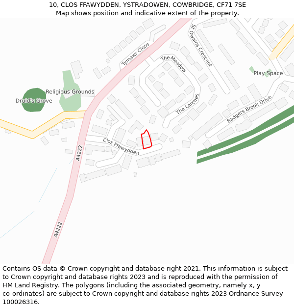 10, CLOS FFAWYDDEN, YSTRADOWEN, COWBRIDGE, CF71 7SE: Location map and indicative extent of plot