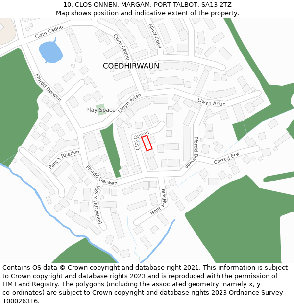 10, CLOS ONNEN, MARGAM, PORT TALBOT, SA13 2TZ: Location map and indicative extent of plot