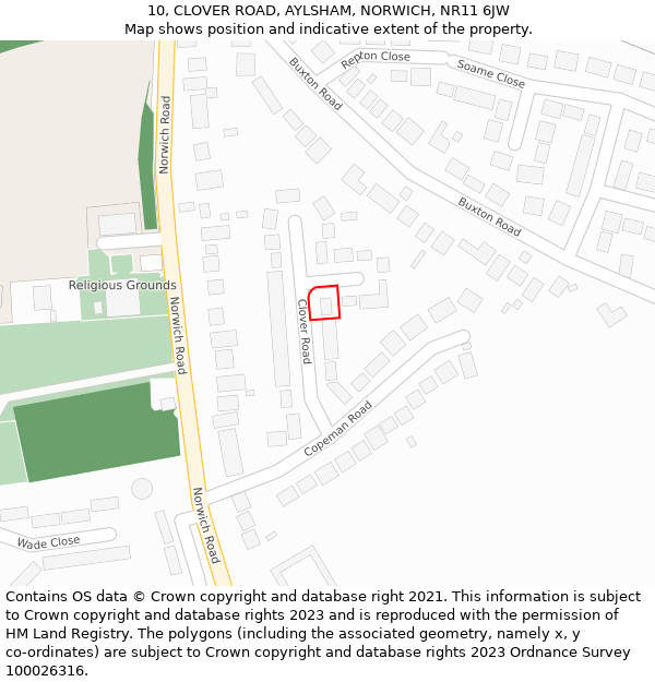 10, CLOVER ROAD, AYLSHAM, NORWICH, NR11 6JW: Location map and indicative extent of plot