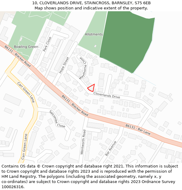 10, CLOVERLANDS DRIVE, STAINCROSS, BARNSLEY, S75 6EB: Location map and indicative extent of plot