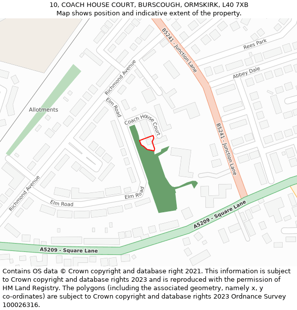 10, COACH HOUSE COURT, BURSCOUGH, ORMSKIRK, L40 7XB: Location map and indicative extent of plot