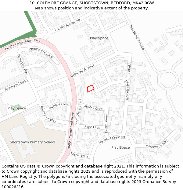 10, COLEMORE GRANGE, SHORTSTOWN, BEDFORD, MK42 0GW: Location map and indicative extent of plot