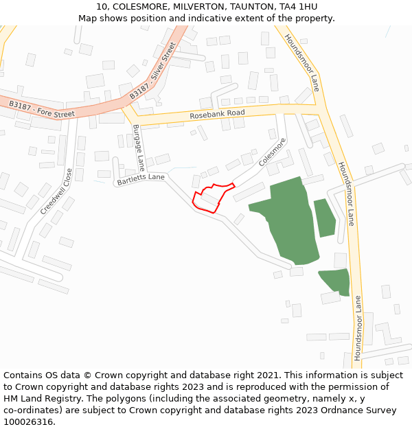 10, COLESMORE, MILVERTON, TAUNTON, TA4 1HU: Location map and indicative extent of plot