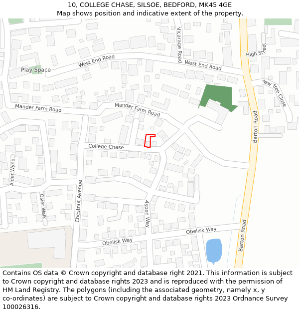 10, COLLEGE CHASE, SILSOE, BEDFORD, MK45 4GE: Location map and indicative extent of plot