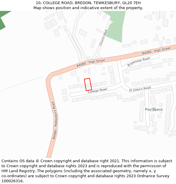 10, COLLEGE ROAD, BREDON, TEWKESBURY, GL20 7EH: Location map and indicative extent of plot