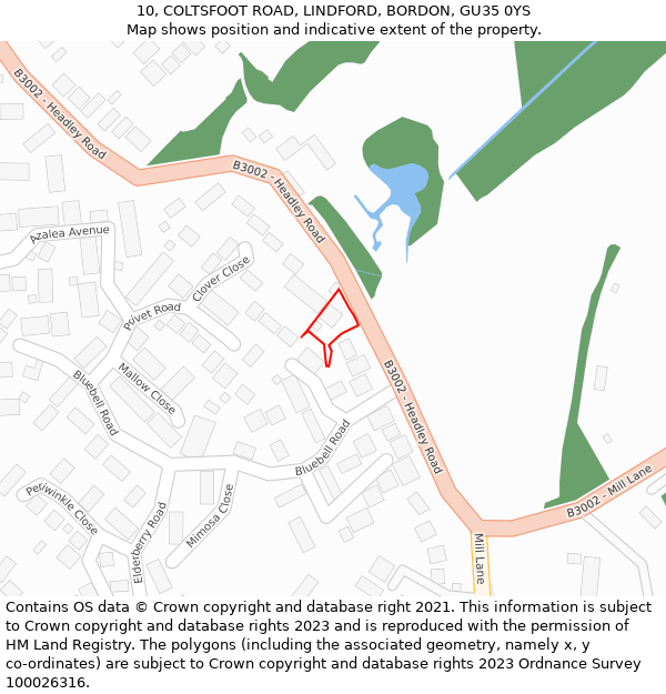 10, COLTSFOOT ROAD, LINDFORD, BORDON, GU35 0YS: Location map and indicative extent of plot