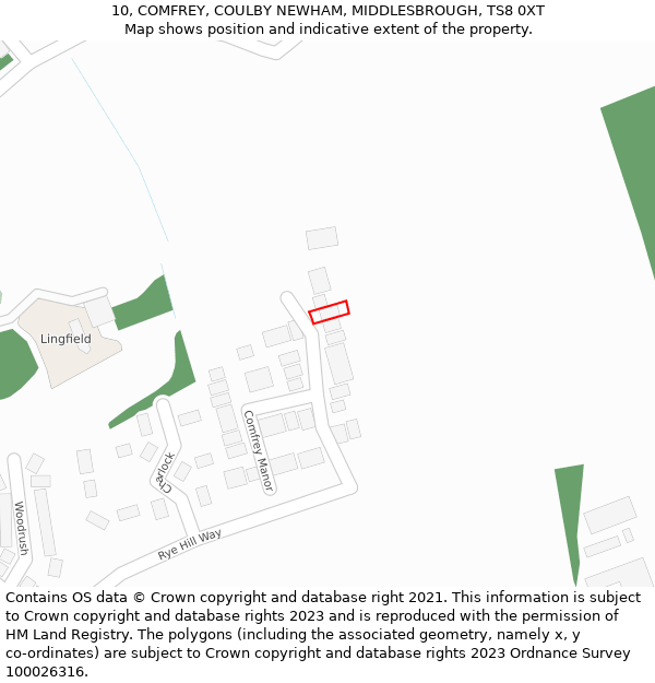 10, COMFREY, COULBY NEWHAM, MIDDLESBROUGH, TS8 0XT: Location map and indicative extent of plot