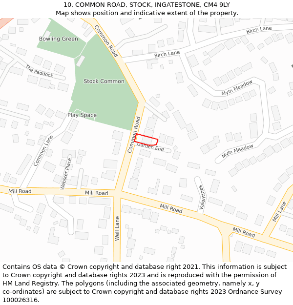 10, COMMON ROAD, STOCK, INGATESTONE, CM4 9LY: Location map and indicative extent of plot