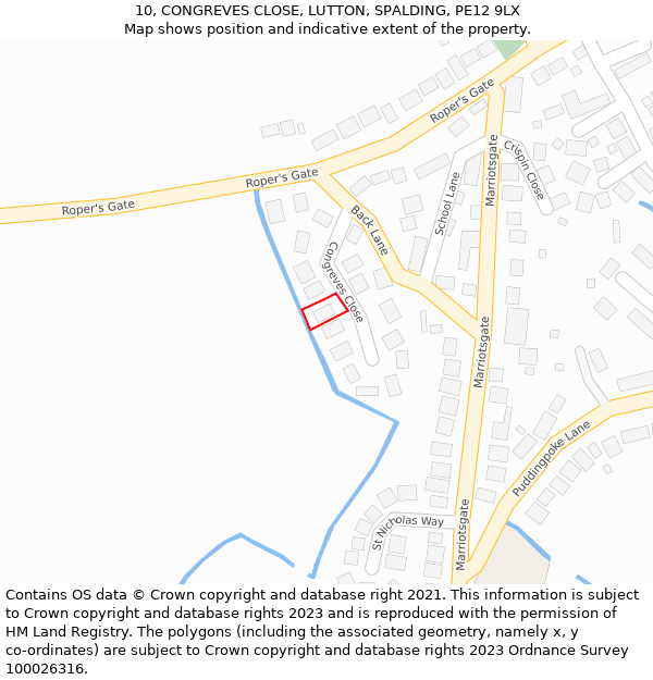 10, CONGREVES CLOSE, LUTTON, SPALDING, PE12 9LX: Location map and indicative extent of plot