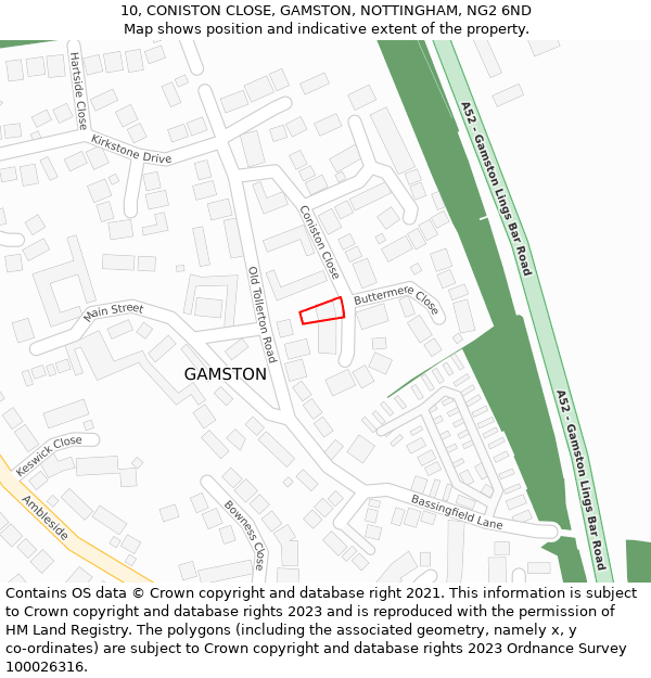 10, CONISTON CLOSE, GAMSTON, NOTTINGHAM, NG2 6ND: Location map and indicative extent of plot