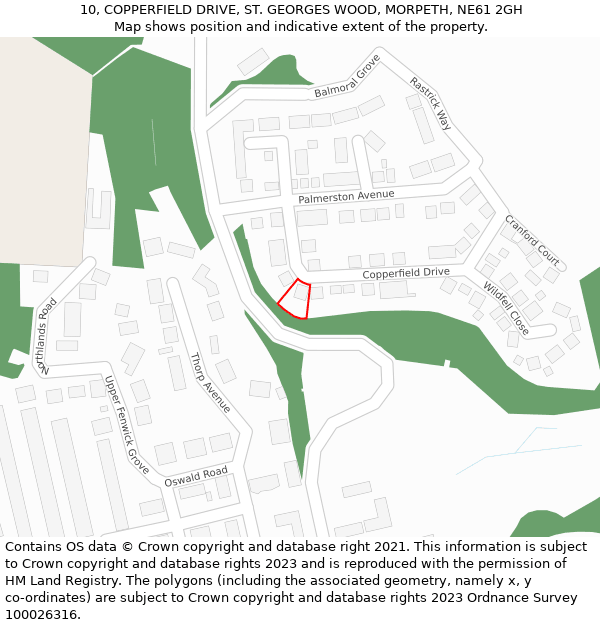 10, COPPERFIELD DRIVE, ST. GEORGES WOOD, MORPETH, NE61 2GH: Location map and indicative extent of plot