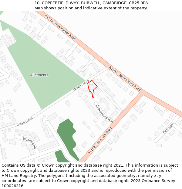 10, COPPERFIELD WAY, BURWELL, CAMBRIDGE, CB25 0PA: Location map and indicative extent of plot