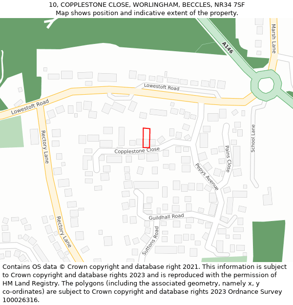 10, COPPLESTONE CLOSE, WORLINGHAM, BECCLES, NR34 7SF: Location map and indicative extent of plot