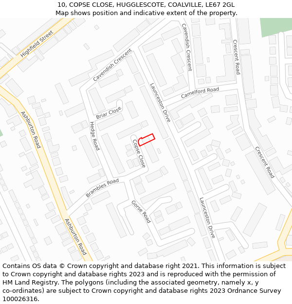 10, COPSE CLOSE, HUGGLESCOTE, COALVILLE, LE67 2GL: Location map and indicative extent of plot