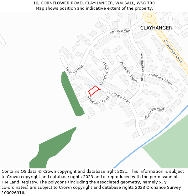 10, CORNFLOWER ROAD, CLAYHANGER, WALSALL, WS8 7RD: Location map and indicative extent of plot