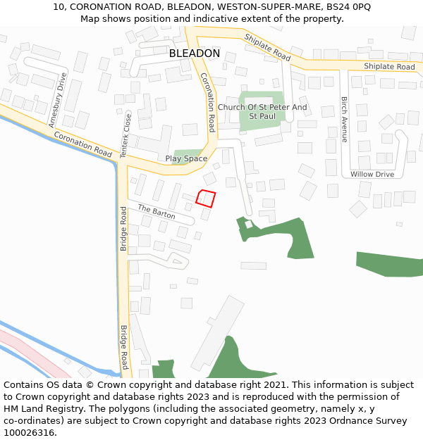 10, CORONATION ROAD, BLEADON, WESTON-SUPER-MARE, BS24 0PQ: Location map and indicative extent of plot