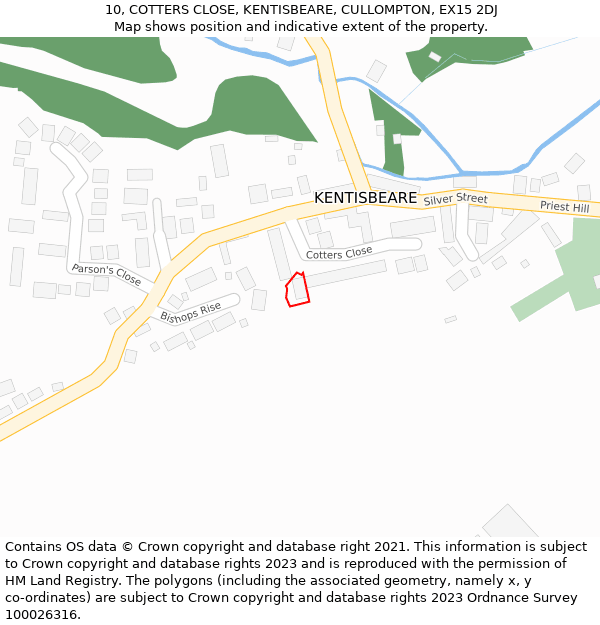 10, COTTERS CLOSE, KENTISBEARE, CULLOMPTON, EX15 2DJ: Location map and indicative extent of plot