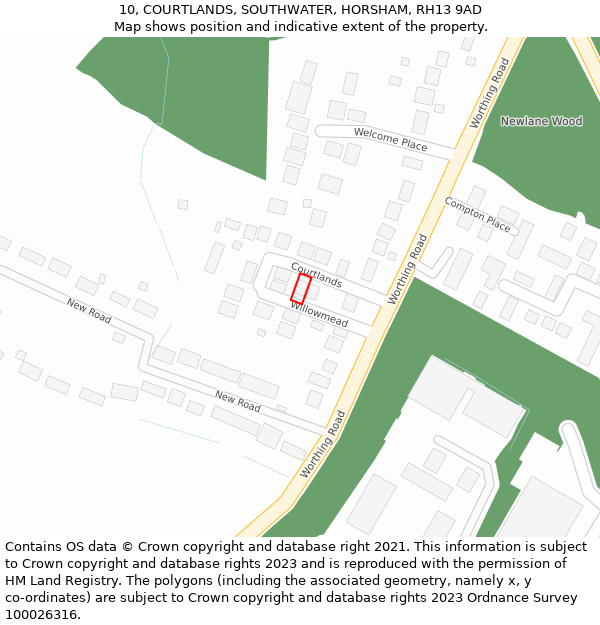 10, COURTLANDS, SOUTHWATER, HORSHAM, RH13 9AD: Location map and indicative extent of plot