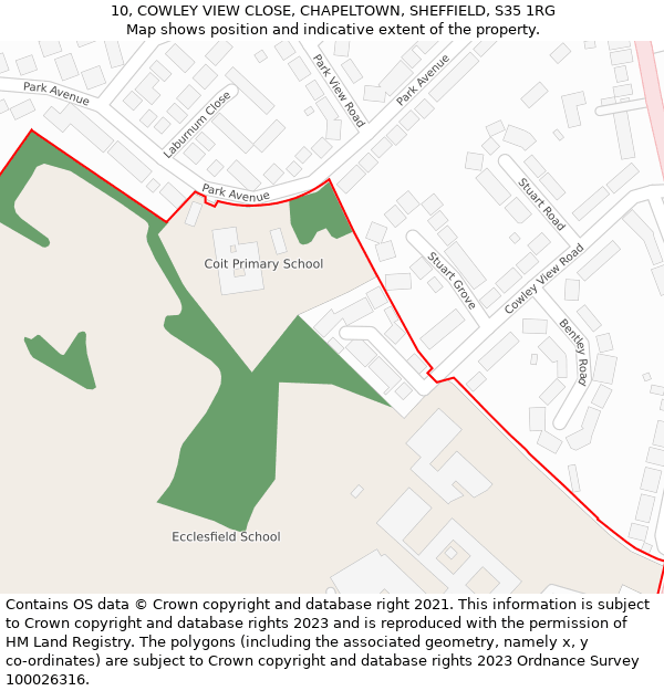 10, COWLEY VIEW CLOSE, CHAPELTOWN, SHEFFIELD, S35 1RG: Location map and indicative extent of plot