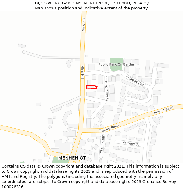 10, COWLING GARDENS, MENHENIOT, LISKEARD, PL14 3QJ: Location map and indicative extent of plot