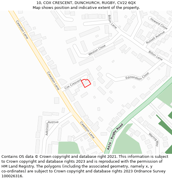 10, COX CRESCENT, DUNCHURCH, RUGBY, CV22 6QX: Location map and indicative extent of plot