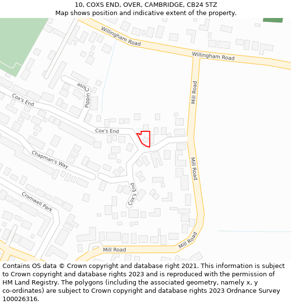 10, COXS END, OVER, CAMBRIDGE, CB24 5TZ: Location map and indicative extent of plot