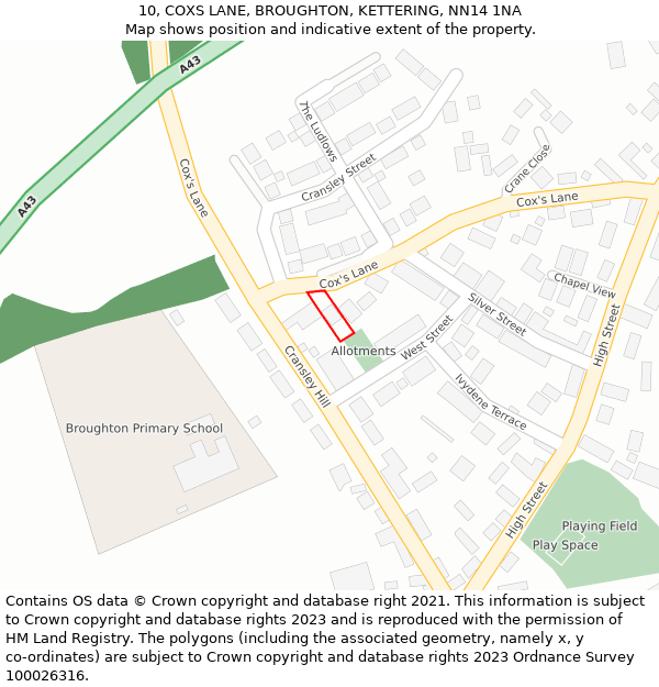 10, COXS LANE, BROUGHTON, KETTERING, NN14 1NA: Location map and indicative extent of plot