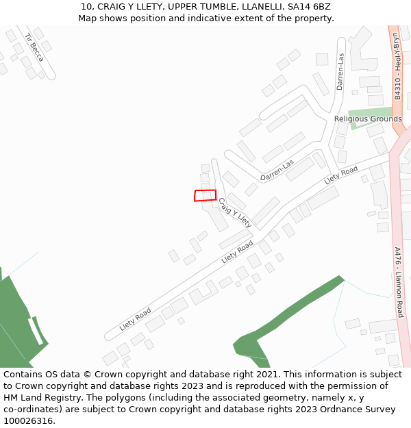 10, CRAIG Y LLETY, UPPER TUMBLE, LLANELLI, SA14 6BZ: Location map and indicative extent of plot