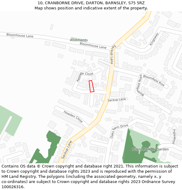 10, CRANBORNE DRIVE, DARTON, BARNSLEY, S75 5RZ: Location map and indicative extent of plot