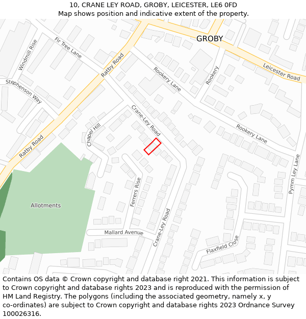 10, CRANE LEY ROAD, GROBY, LEICESTER, LE6 0FD: Location map and indicative extent of plot