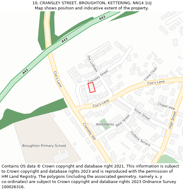 10, CRANSLEY STREET, BROUGHTON, KETTERING, NN14 1UJ: Location map and indicative extent of plot