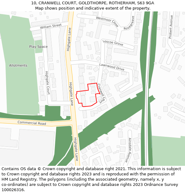 10, CRANWELL COURT, GOLDTHORPE, ROTHERHAM, S63 9GA: Location map and indicative extent of plot