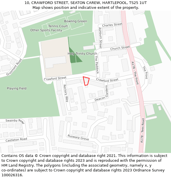 10, CRAWFORD STREET, SEATON CAREW, HARTLEPOOL, TS25 1UT: Location map and indicative extent of plot