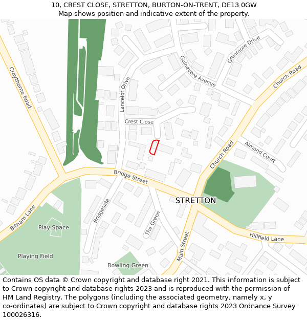 10, CREST CLOSE, STRETTON, BURTON-ON-TRENT, DE13 0GW: Location map and indicative extent of plot