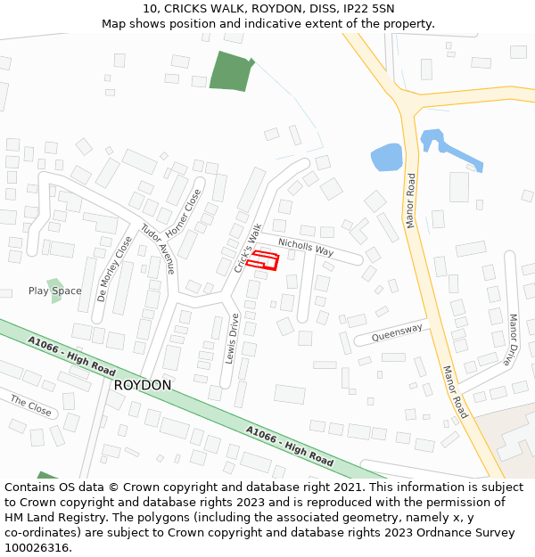 10, CRICKS WALK, ROYDON, DISS, IP22 5SN: Location map and indicative extent of plot