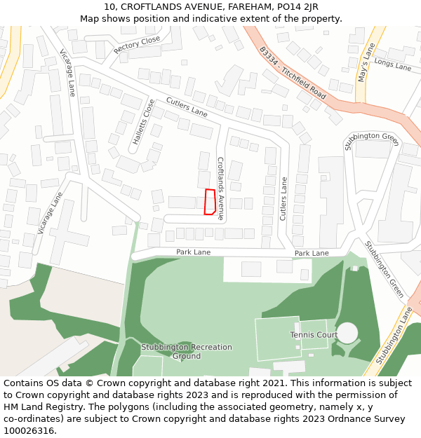 10, CROFTLANDS AVENUE, FAREHAM, PO14 2JR: Location map and indicative extent of plot