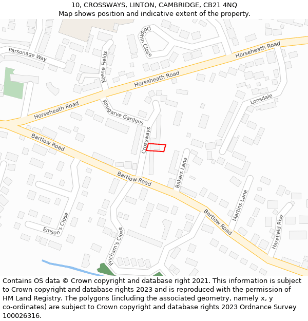 10, CROSSWAYS, LINTON, CAMBRIDGE, CB21 4NQ: Location map and indicative extent of plot